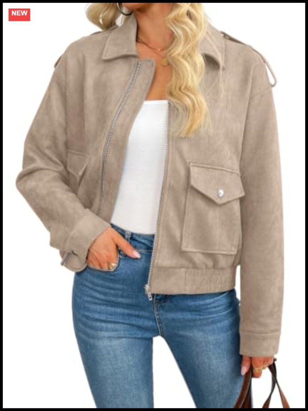 Faux Suede Zip Up Jacket Long Sleeve Collar Neckline Relaxed Lightweight Casual
